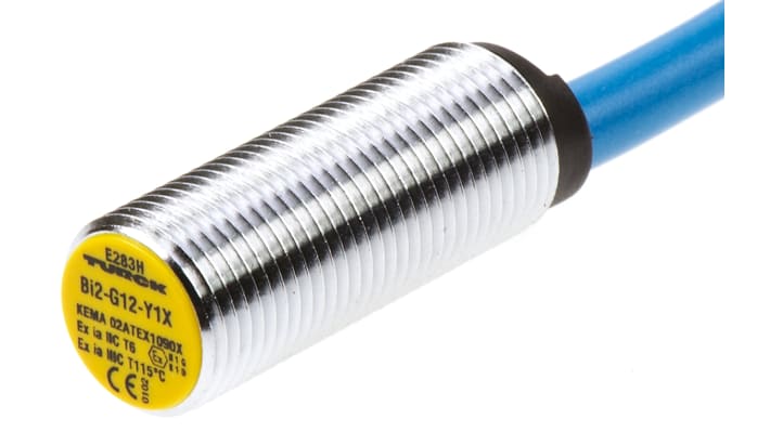 Sensore di prossimità cilindrico Turck Bi2-G12-Y1X, M12 NAMUR, rilevamento 2 mm, IP67, cavo 2 m incluso.