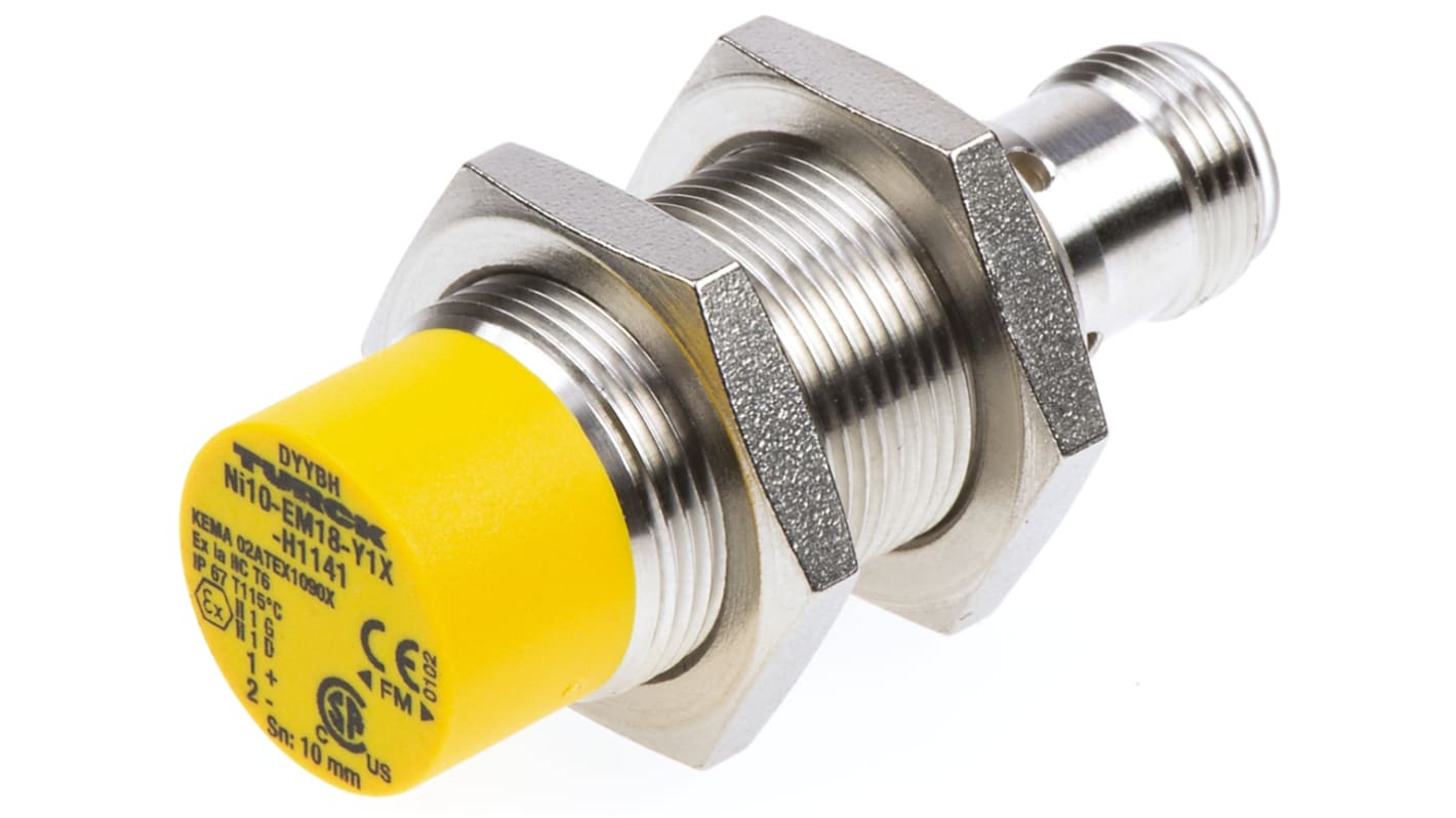 Sensore di prossimità cilindrico Turck Ni10-EM18-Y1X-H1141, tecnologia NAMUR, rilevamento 10 mm, grado di protezione IP67.