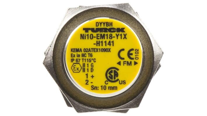 Sensore di prossimità cilindrico Turck Ni10-EM18-Y1X-H1141, tecnologia NAMUR, rilevamento 10 mm, grado di protezione IP67.