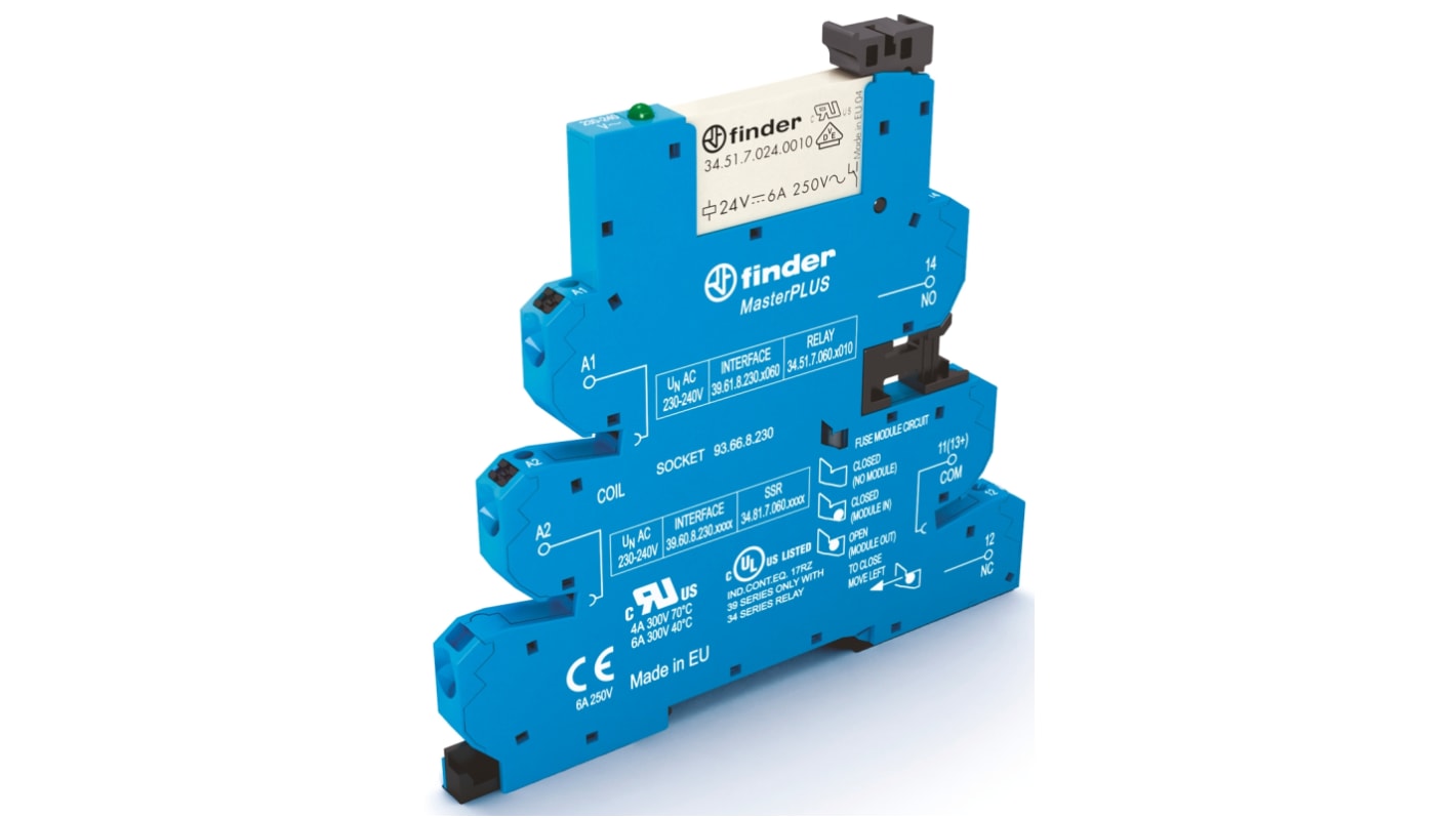 Finder 39.61.0.024.0060, relè d'interfaccia per guida DIN, 24V, contatti SPDT, dimensioni 6.2 x 90.7 x 94.3 mm.