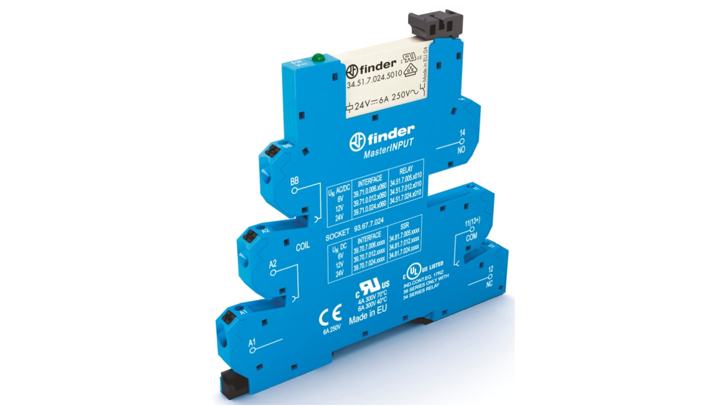 Finder 39.71.0.125.5060, relè d'interfaccia per guida DIN, contatti SPDT, dimensioni 6.2 x 90.7 x 94.3 mm, bobina 110V.