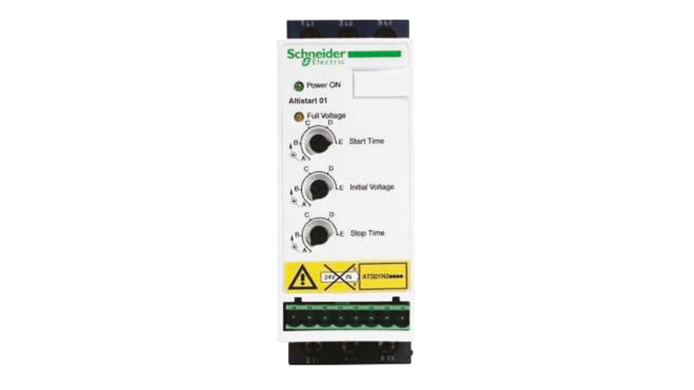 Soft starter Schneider Electric ATS01N212RT, 3 fasi, 12 A, 460 V, IP20, dimensioni 45x154x135 mm, per avviamento motori asincroni.