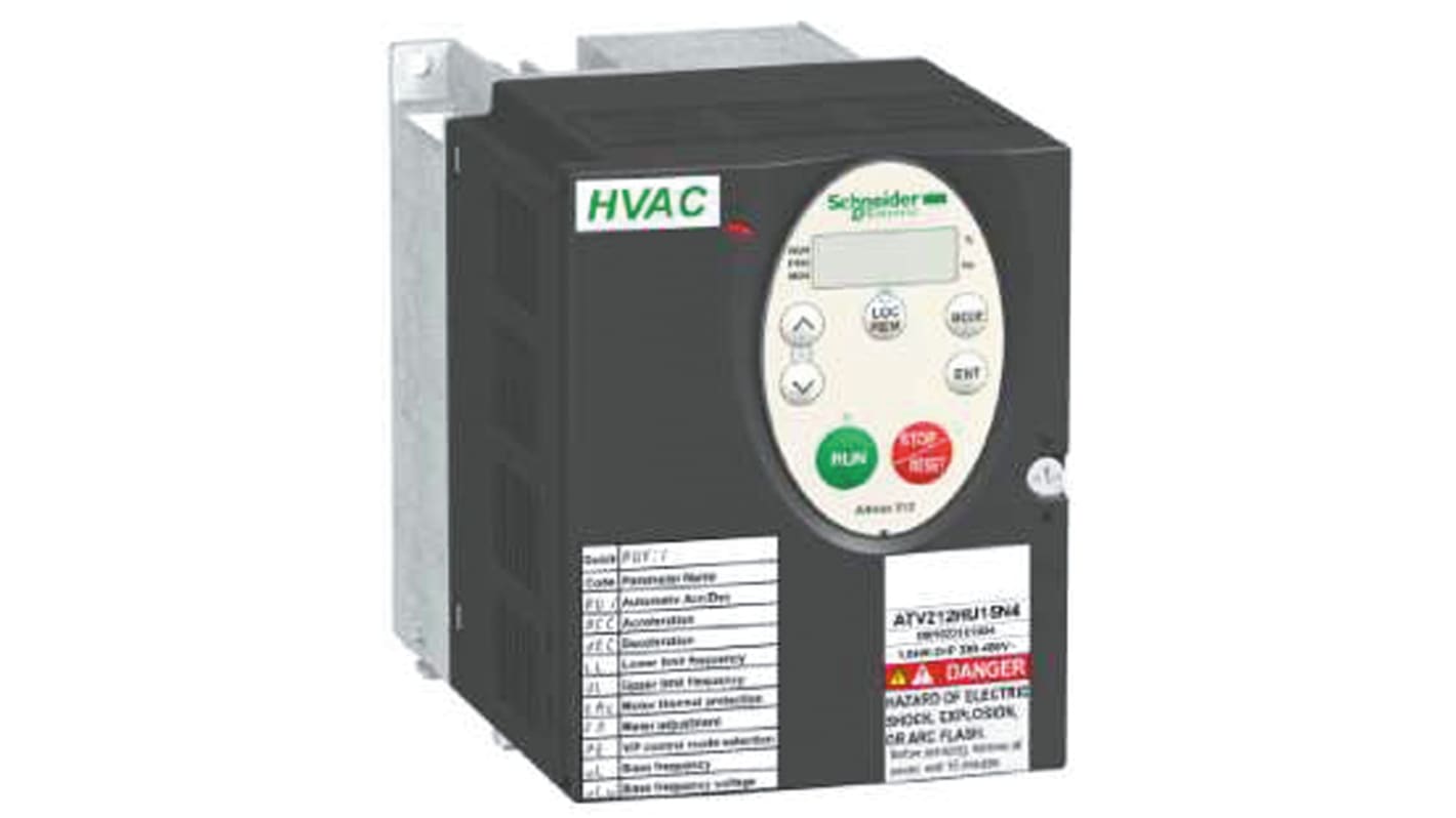 Inverter trifase Schneider Electric ATV212HU15N4, potenza 1,5 kW, dimensioni 150x105x143 mm, grado di protezione IP20.