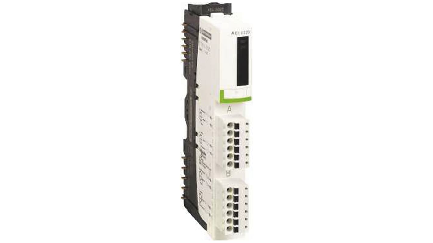 Kit di ingressi analogici Modicon STB Schneider Electric STBACI0320K con LED di stato e connettori per 4 ingressi 4-20 mA e 0-20 mA.