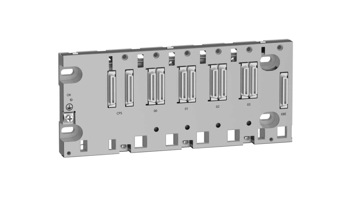 Backplane per guida DIN Schneider Electric BMEXBP0400, compatibile con Modicon M580, dimensioni 242,4 x 105,11 x 19 mm. Montaggio su guida DIN, supporta Ethernet e X-bus doppi.