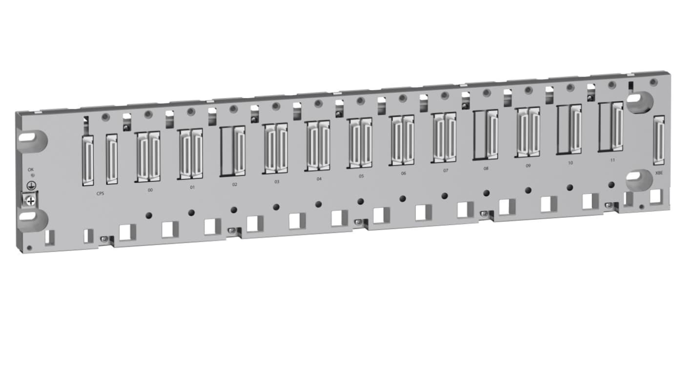 Backplane DIN Schneider Electric BMEXBP1200, compatibile con moduli I/O X80, dimensioni 503,2 x 105,11 x 19 mm.
