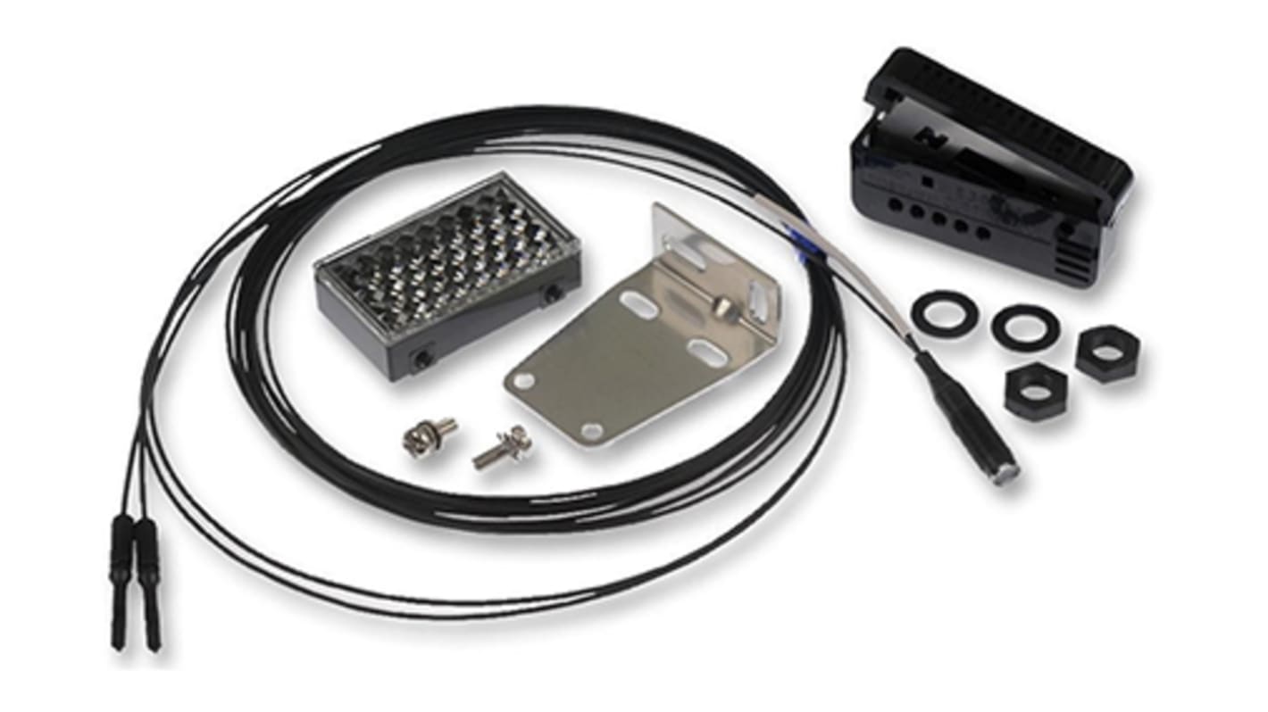 Omron E32-R21, sensore per fibre ottiche NPN-PNP, grado di protezione IP67, rilevamento 10-370 mm, dimensioni 5 mm x 27,8 mm.