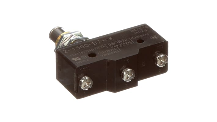 Interruttore di fine corsa Omron Z-15GQ-B7-K, stantuffo NO/NC, 15A, 500V, dimensioni 49.2mm x 25.5mm x 17.45mm, grado di protezione IP00.