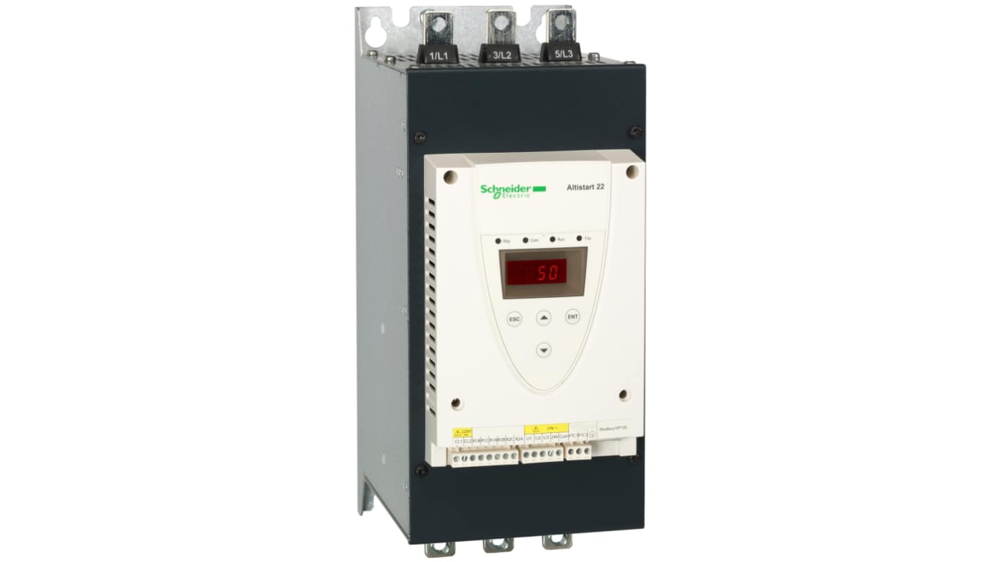 Schneider Electric ATS22C14S6, avviatore soft-start trifase 90 kW, 600 V, IP54, dimensioni 150x356x269.5 mm, con Modbus.