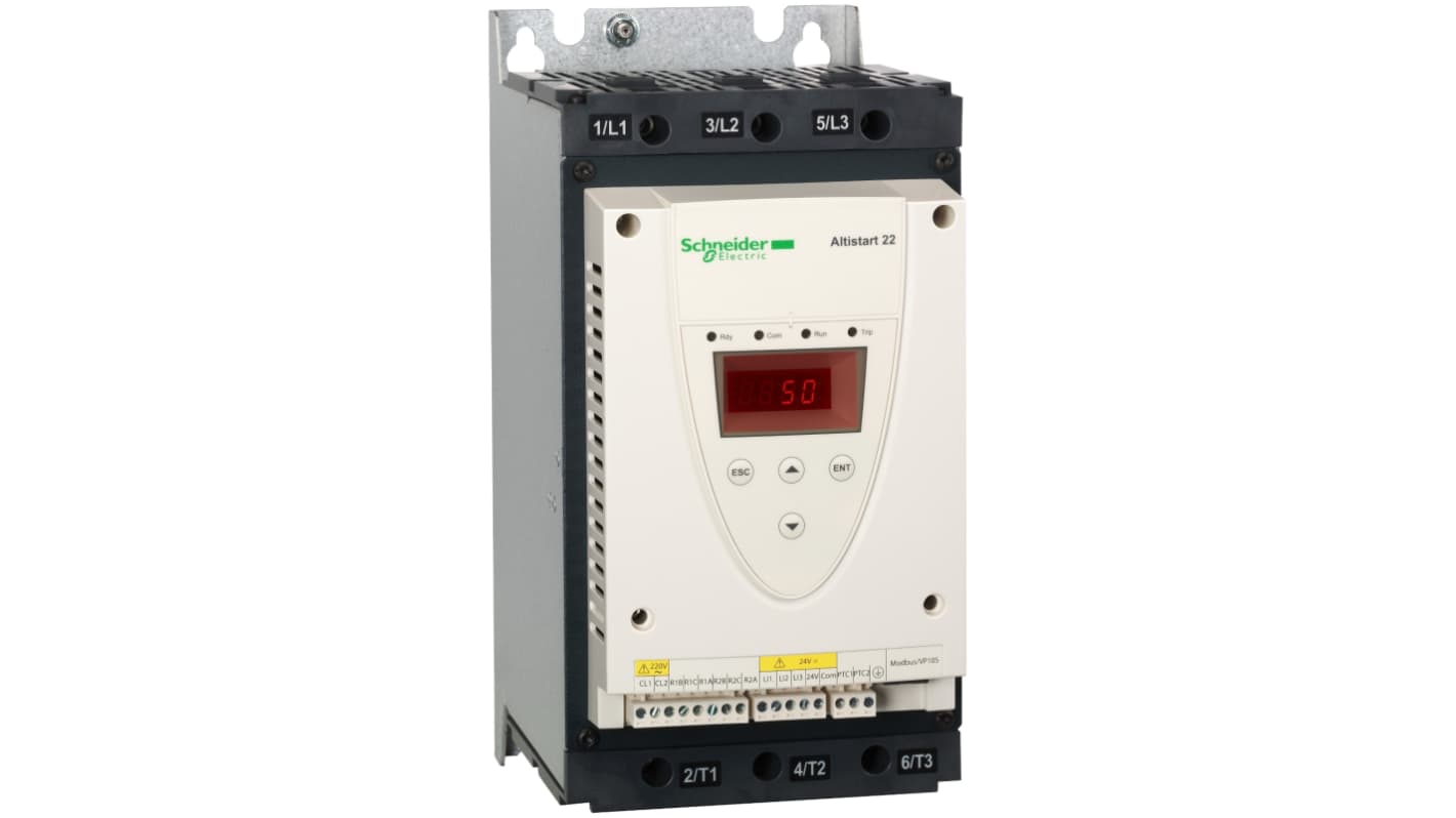 Avviatore soft-start trifase Schneider Electric ATS22D62S6, potenza 37 kW, corrente 62 A, grado di protezione IP54. Dimensioni 145x295x247 mm.