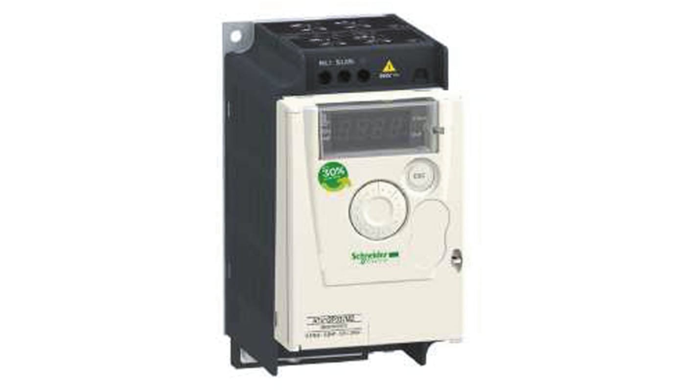 Inverter Schneider Electric ATV12P055M2, 1 fase 230 V, 8 A, frequenza 0.5-400 Hz, installazione Plug-and-Play, dimensioni 143x72x102.2 mm.