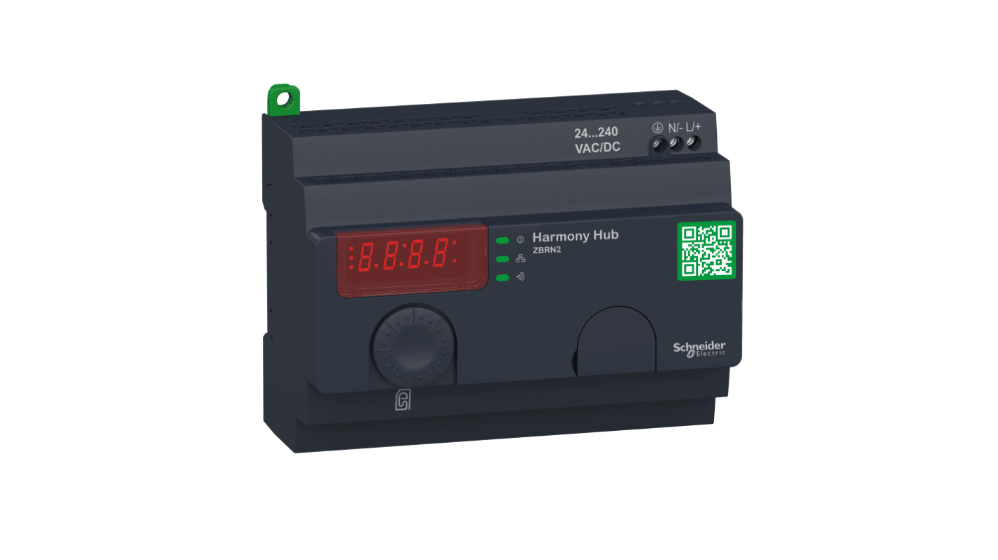 Interruttore a pulsante Schneider Electric ZBRN2, gateway Harmony Hub con display a 7 segmenti e moduli di comunicazione wireless.