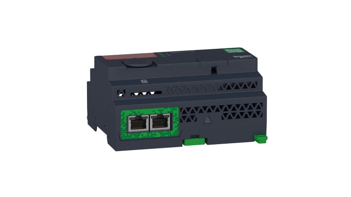 Interruttore a pulsante Schneider Electric ZBRN2, gateway Harmony Hub con display a 7 segmenti e moduli di comunicazione wireless.