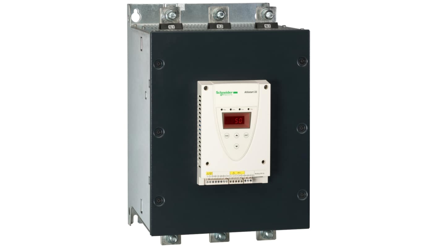 Avviatore soft-start trifase Schneider Electric ATS22C59S6U, potenza 400 kW, corrente 590 A, dimensioni 304x455x340 mm. Funzione bypass e comunicazioni fieldbus.