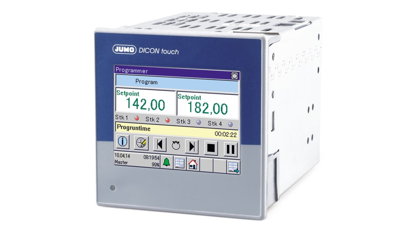 Jumo 703571/8-01-00-00-00-00-00-00-23-00/000, termoregolatore PID DICON Touch, 96x96 mm, 2 uscite relè, display TFT, IP66.