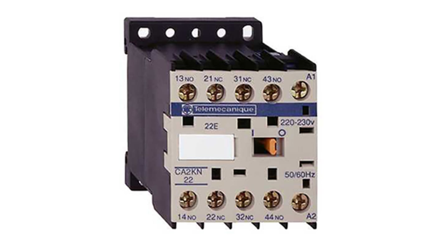 Relè contattore Schneider Electric CA2KN22G7, 4 poli, 2 NO + 2 NC, corrente 110 A, montaggio su guida DIN, dimensioni 58x45x57 mm.