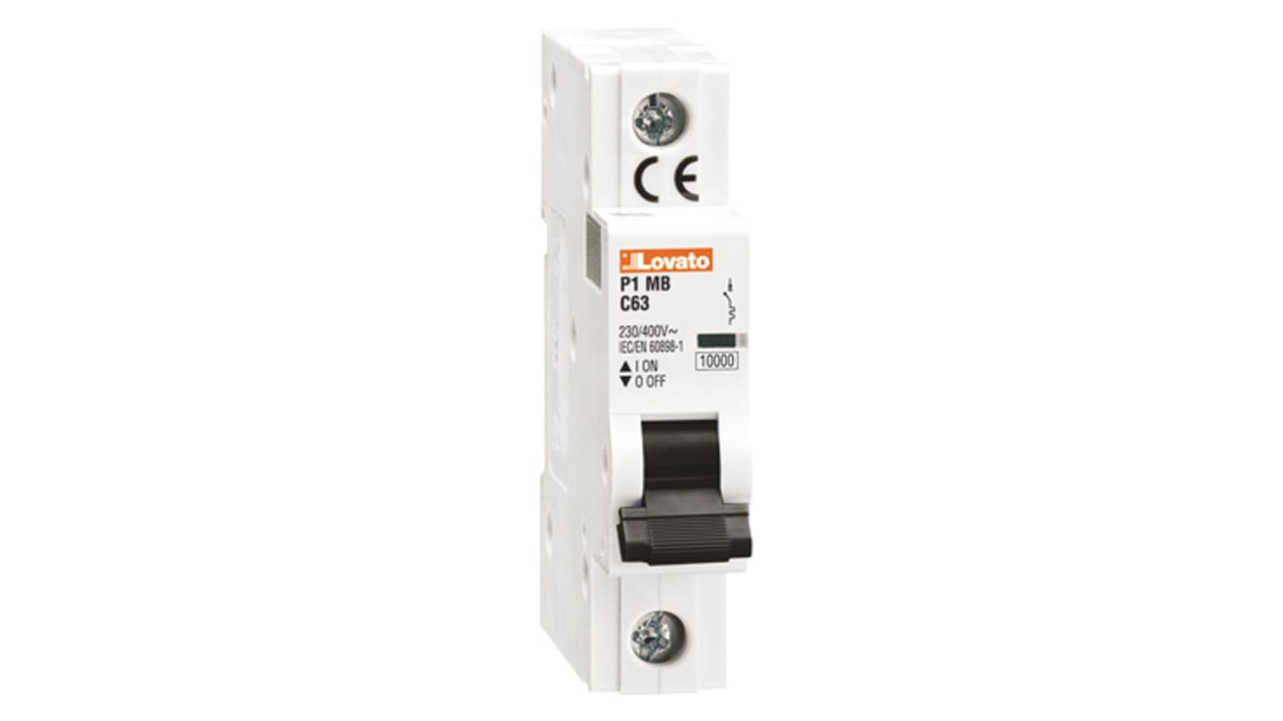 Interruttore magnetotermico Lovato 1P 32A, Tipo D, montaggio su guida DIN, larghezza 18 mm, capacità di rottura 10 kA.