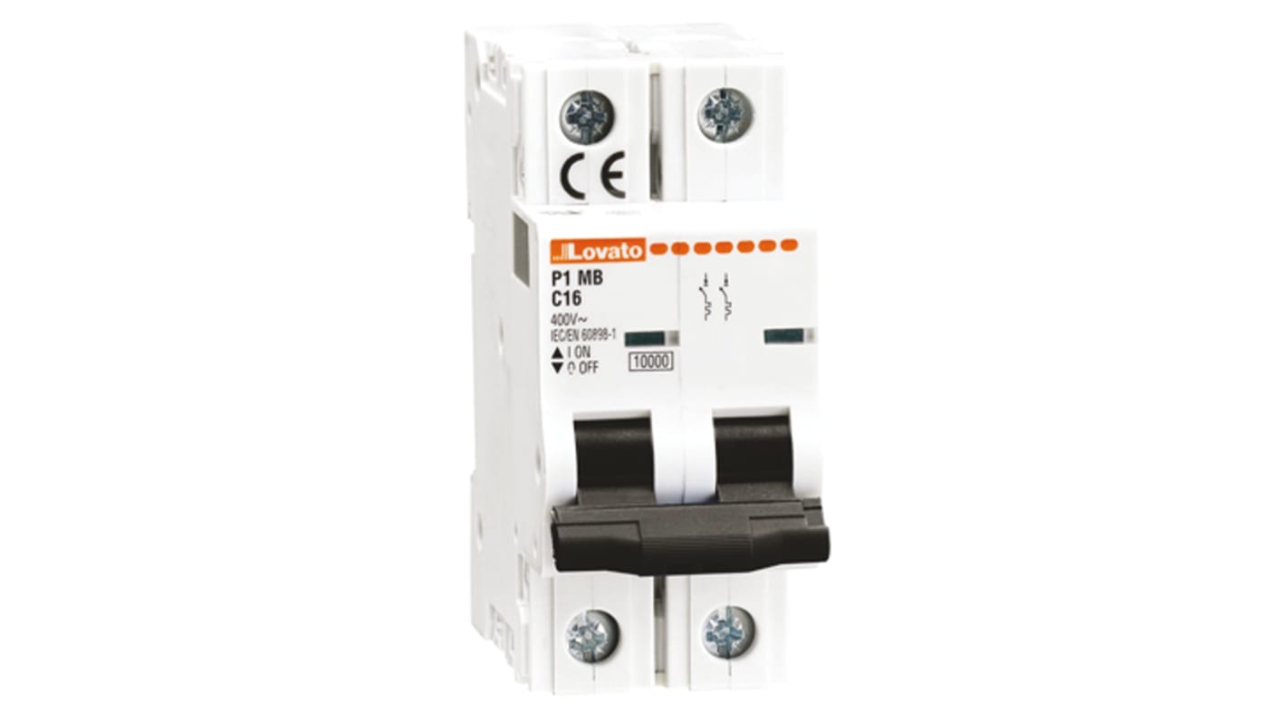 Interruttore magnetotermico Lovato P1MB2PB50, 2 poli, 50A, 10 kA, montaggio su guida DIN, dimensioni 86.5 x 36 x 80 mm.