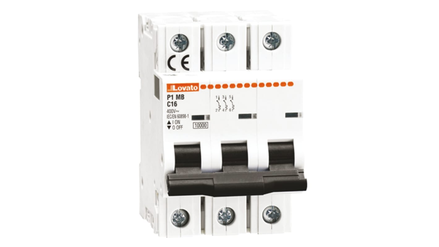 Interruttore magnetotermico Lovato 3P 25A, Tipo C, montaggio su guida DIN, dimensioni 86.5 x 54 x 80 mm.