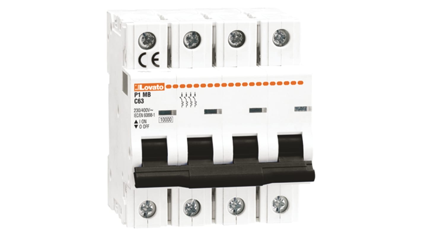 Interruttore magnetotermico Lovato P1MB4PC40, 4 poli, 40A, montaggio su guida DIN, dimensioni 86.5x72x80 mm.