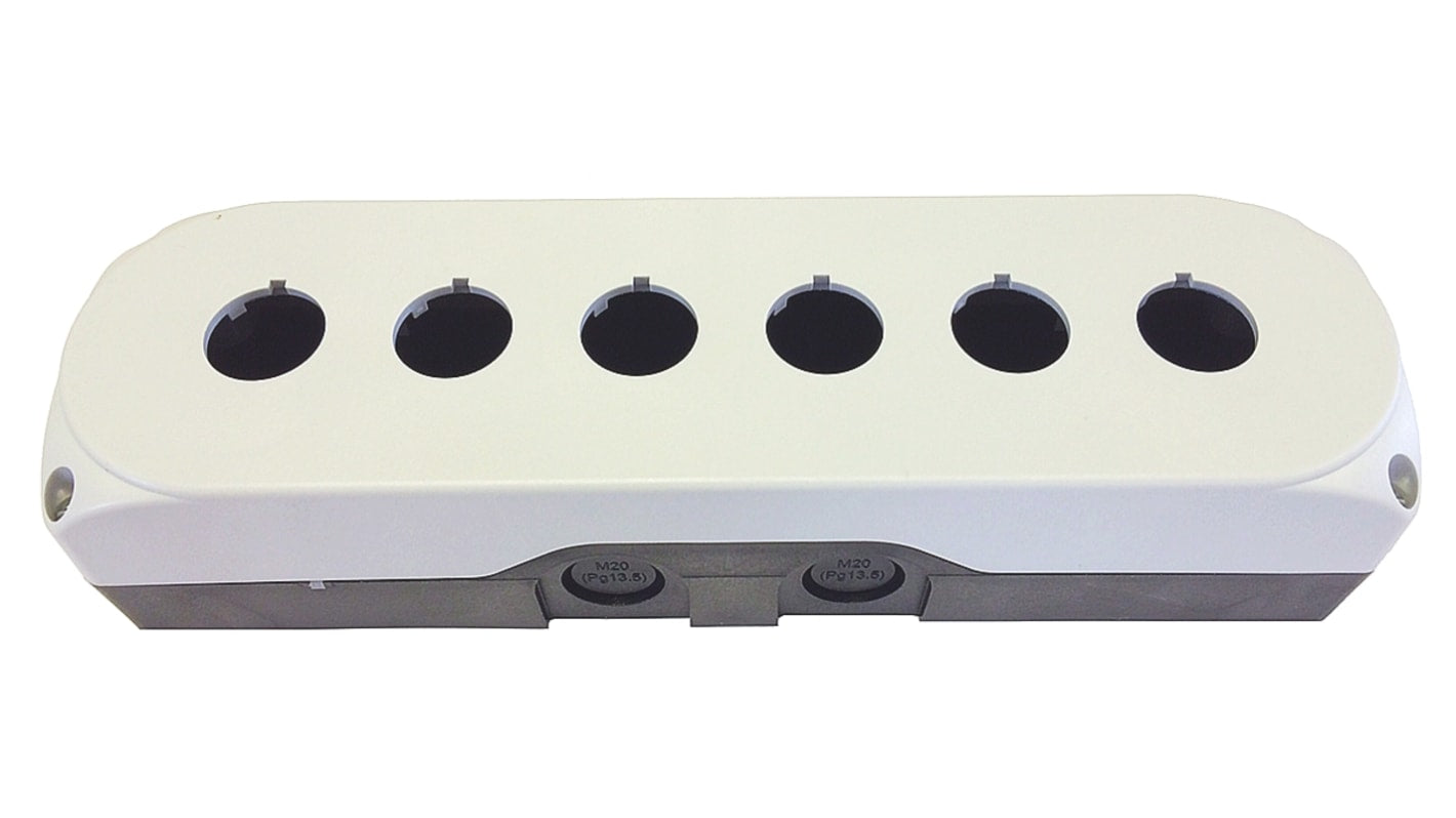 Scatola per pulsante Lovato LPZP6A8, 6 fori Ø 22mm, protezione IP66/IP67/IP69K, montaggio versatile, colore grigio.