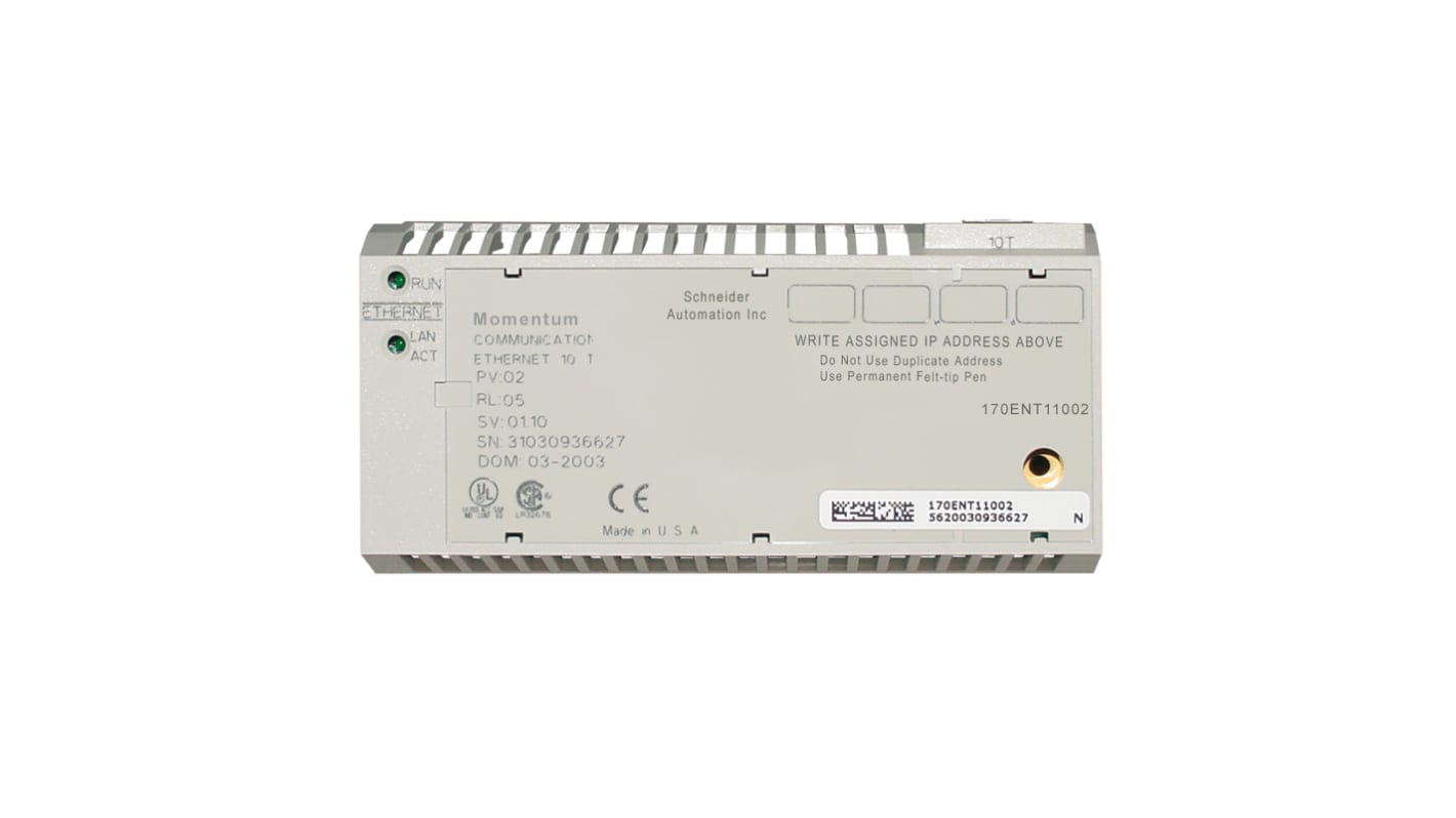 Modulo di comunicazione Schneider Electric 170ENT11001 per Modicon Momentum, supporta 10/100 Mbit/s, distanza cavo 1000 m.