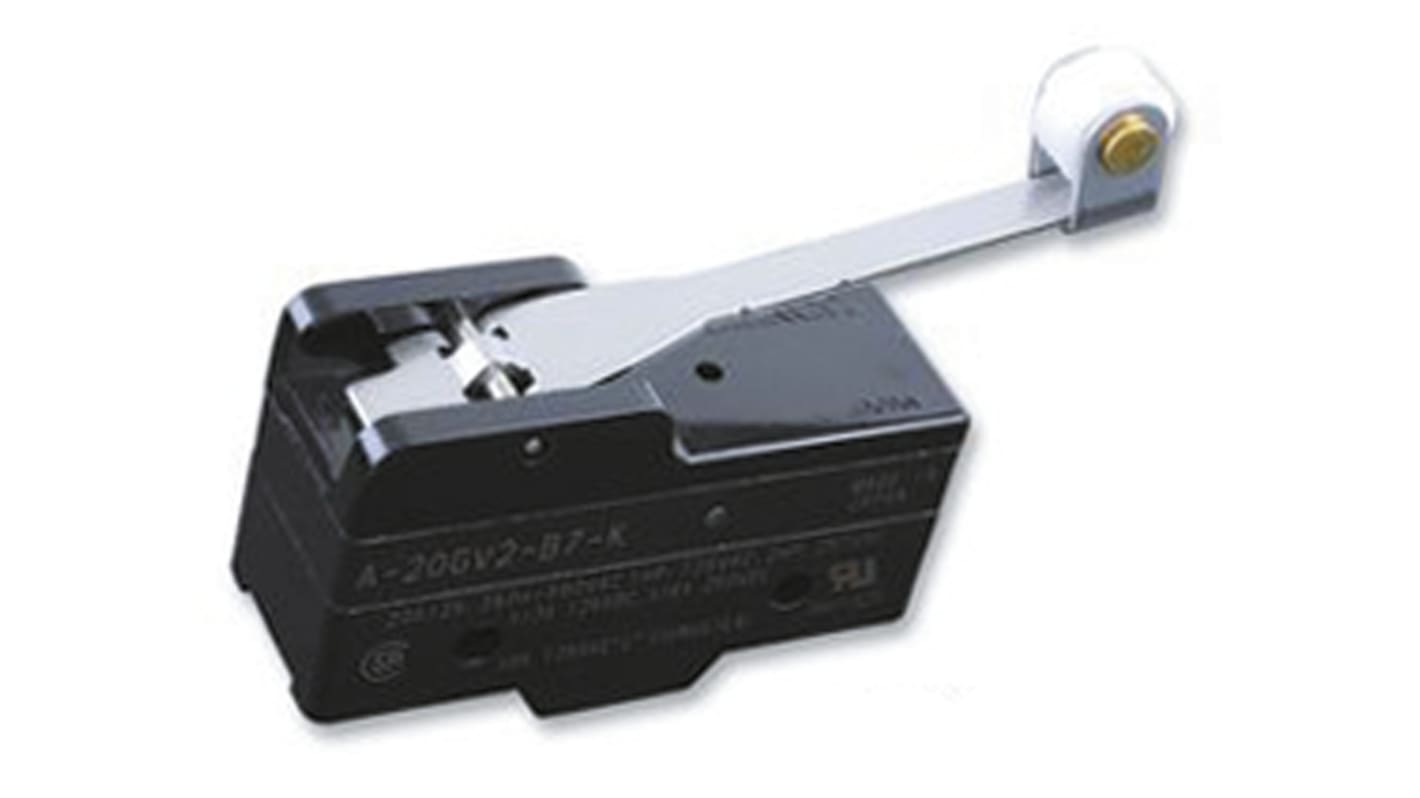 Interruttore di fine corsa Omron A-20GV2-B7-K, leva a rullo SPDT, montaggio laterale, dimensioni 49.2 x 29.4 x 17.45 mm.