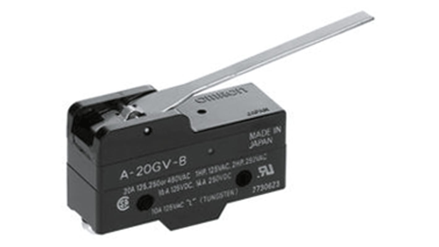 Interruttore di fine corsa Omron A-20GV-B, leva SPDT, NO/NC, corrente 20 A, montaggio a pannello, dimensioni 49.2 x 17.45 x 29.4 mm.