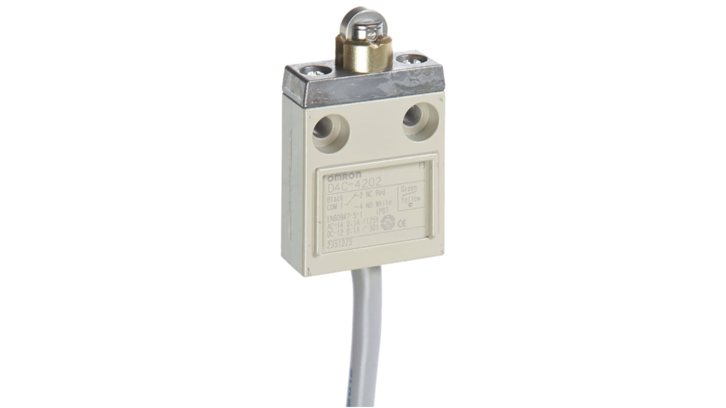 Interruttore di fine corsa a tasto a rotella Omron D4C-4202, compatto, protezione IP67, montaggio anteriore, dimensioni 51.5 x 40 x 16 mm.