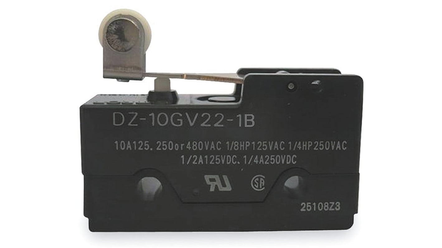 Interruttore di fine corsa Omron DZ-10GV22-1B, leva DPDT, 10A, 250V, montaggio a vite, dimensioni 49.2mm x 17.45mm x 27.9mm.