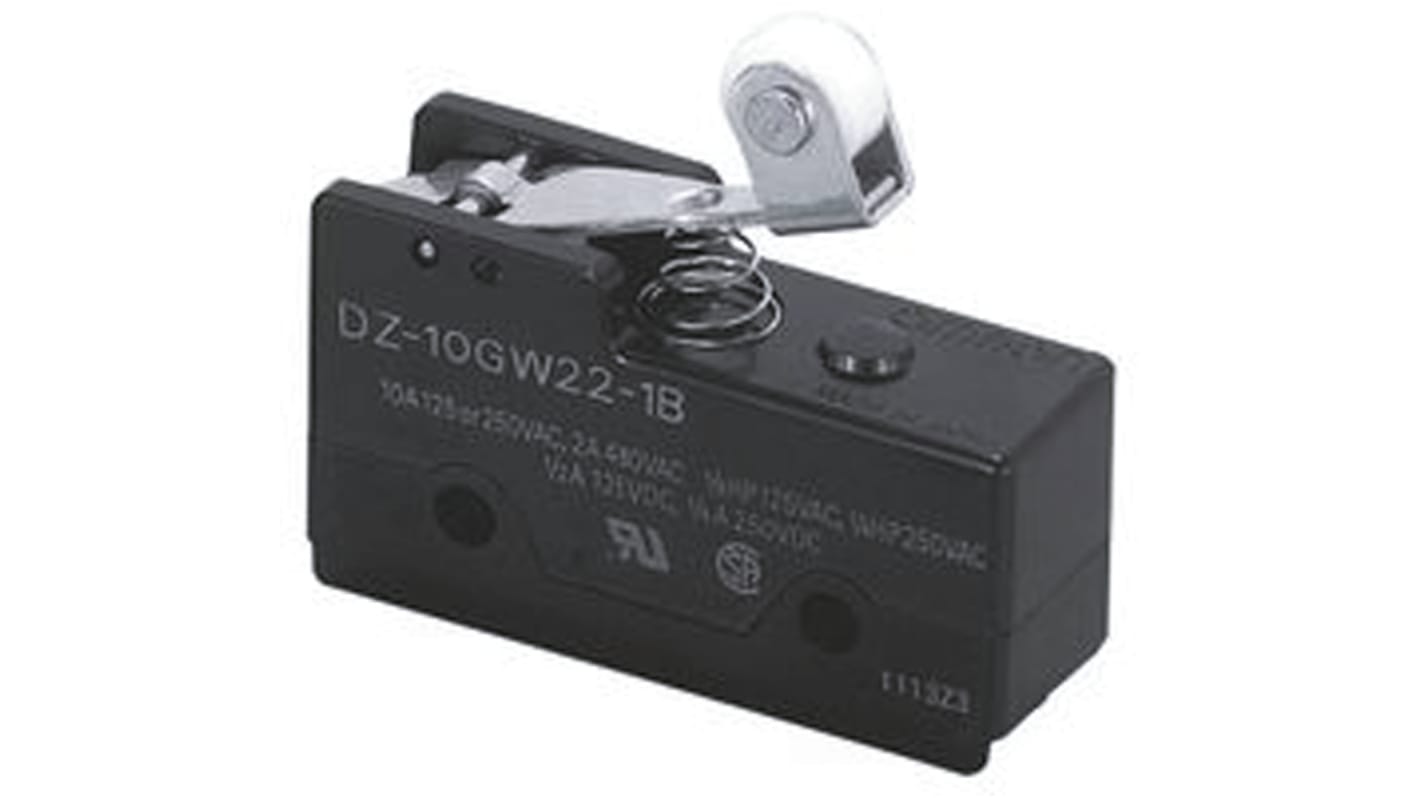 Interruttore di fine corsa Omron DZ-10GW22-1B6, leva DPDT, 10A a 250V, montaggio a vite, dimensioni 49.2mm x 17.45mm x 27.9mm.