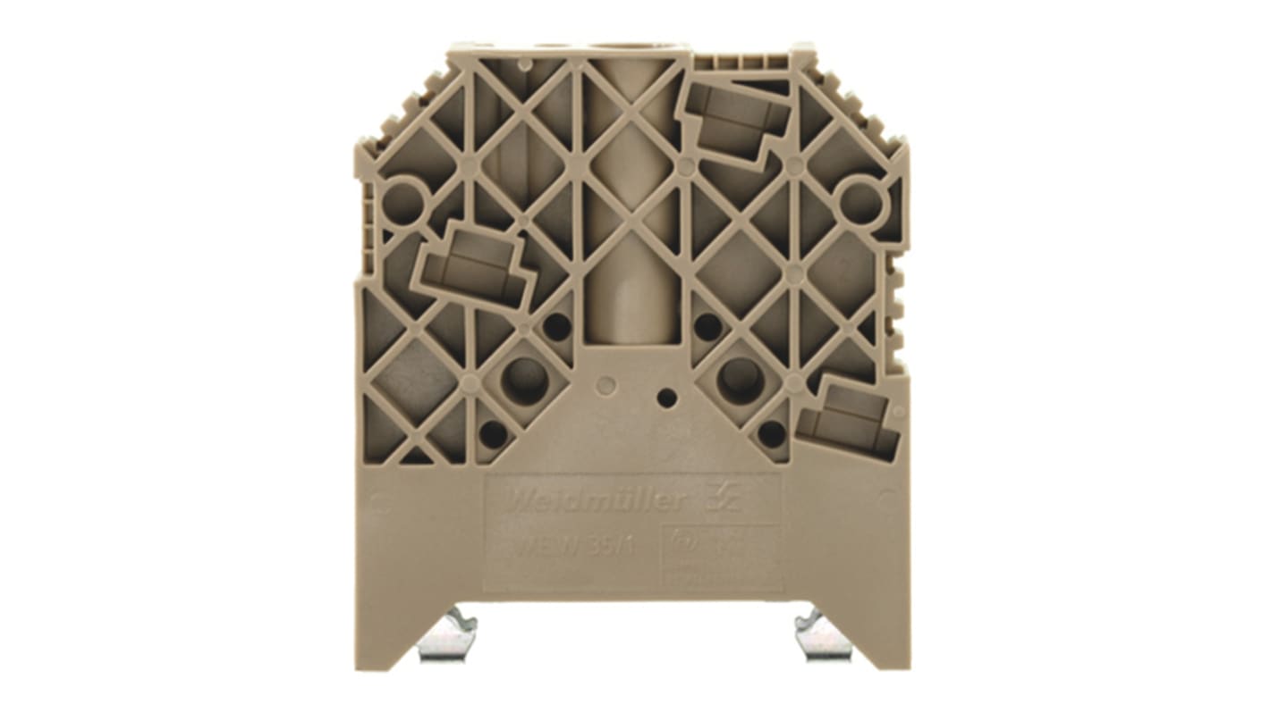 Staffa terminale WEW Weidmüller 1059000000 in poliammide beige scuro per guide DIN. Resistente, facile montaggio e sicuro. Ideale per automazione industriale.