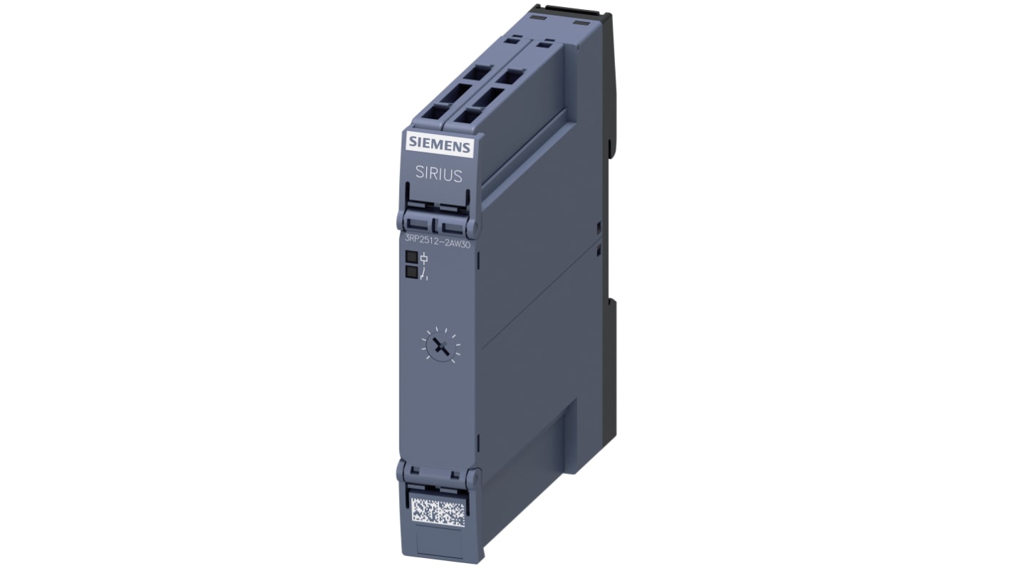 Relè temporizzato Siemens 3RP2512-2AW30 con intervallo 1.5-30s, montaggio su guida DIN e indicatore LED. Ideale per circuiti di controllo e protezione.
