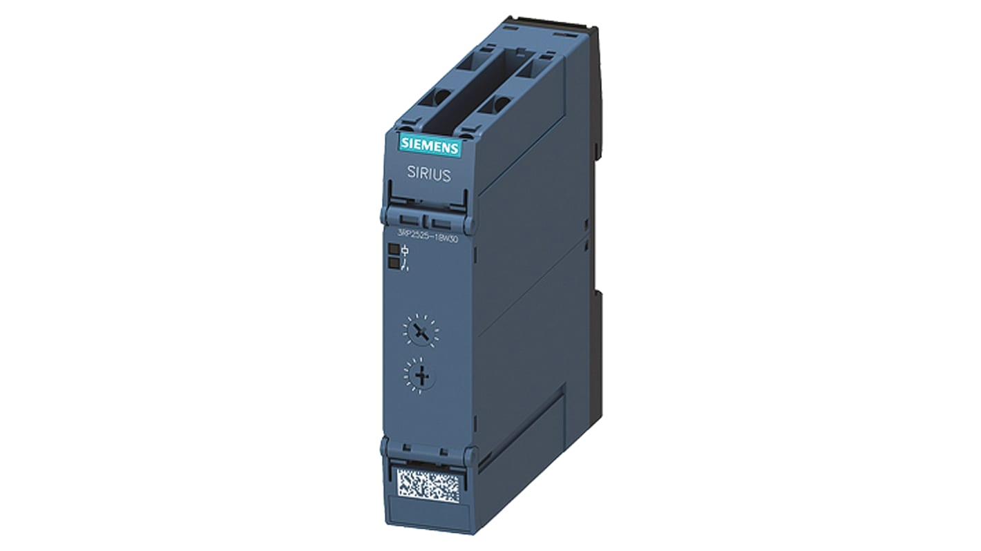 Relè temporizzato Siemens 3RP2525-1BW30 con funzione on-delay, LED indicatore, montaggio su guida DIN. Intervallo 0.05s-100h, 2 poli DPDT. Ideale per circuiti di controllo e avviamento.