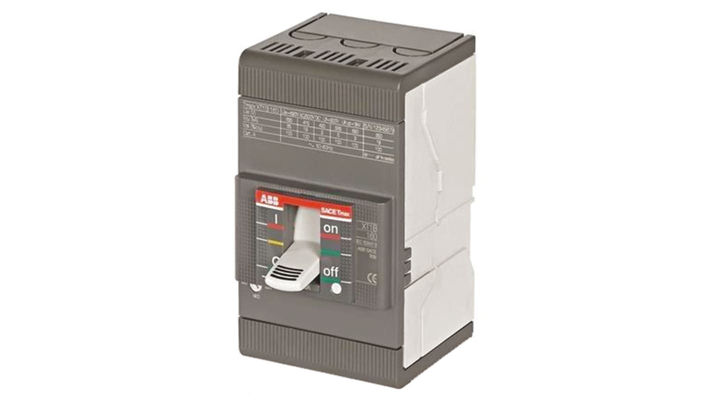 Interruttore magnetotermico scatolato ABB, 3 poli, 250A, montaggio su guida DIN, dimensioni 76.2mm x 130mm x 70mm.