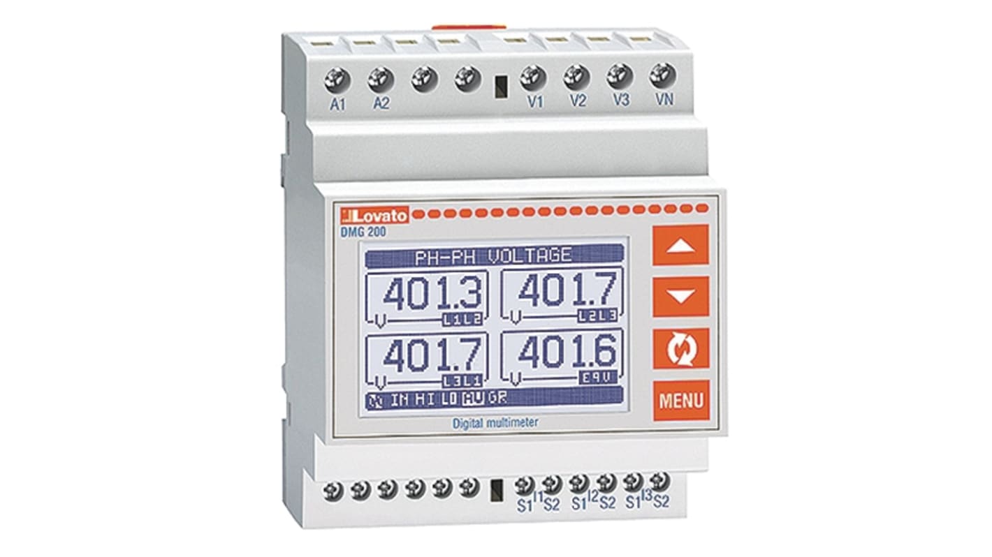 Contatore di energia Lovato DMG200, 1-2-3 fasi, display LCD 128x80, montaggio su guida DIN, precisione ±1%.