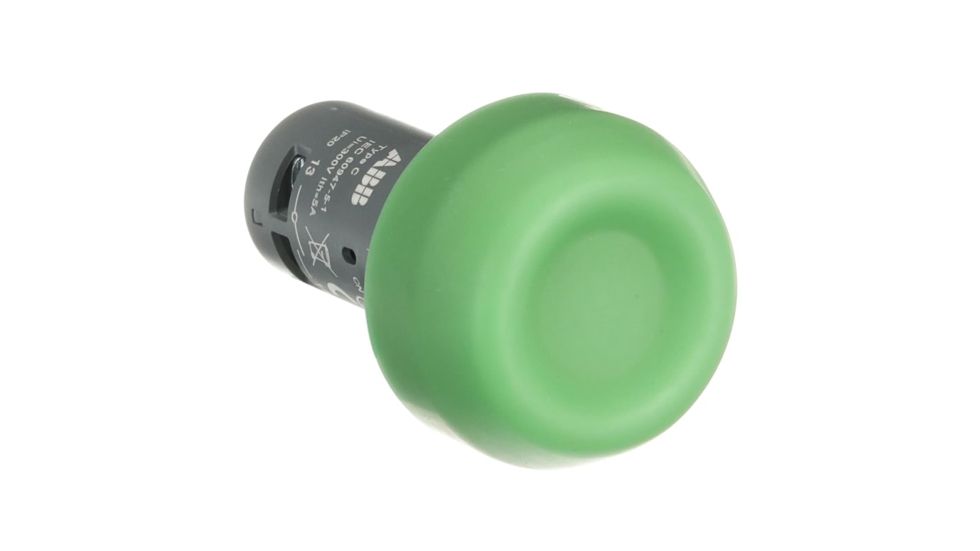Pulsante ABB rotondo verde da 22 mm per montaggio a pannello, per ambienti industriali, tensione massima 240V.