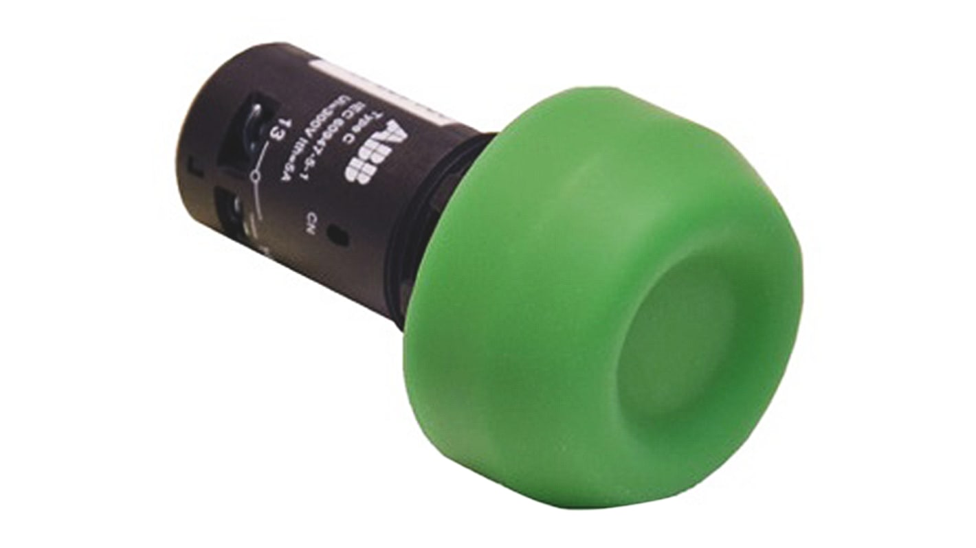 Pulsante ABB rotondo montaggio a pannello, diametro 22 mm, verde, illuminato, per tensioni fino a 240V AC.