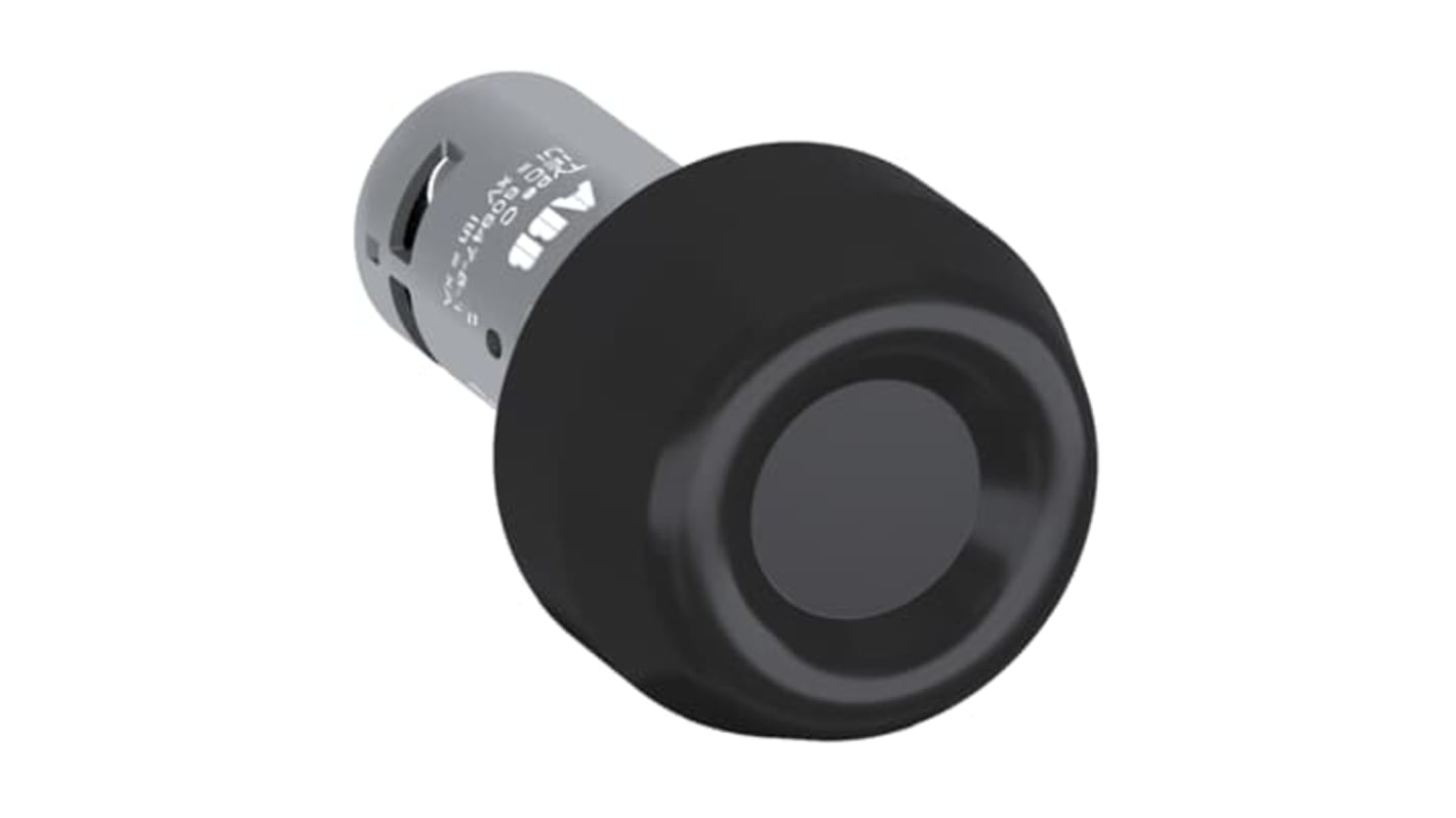 Pulsante rotondo ABB CP6-10B-02, montaggio a pannello, diametro 22 mm, colore nero, per ambienti industriali.