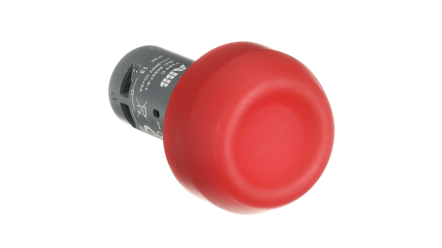 Pulsante rotondo ABB CP6-10R-11, montaggio a pannello, diametro 22 mm, rosso, illuminato, per ambienti industriali.
