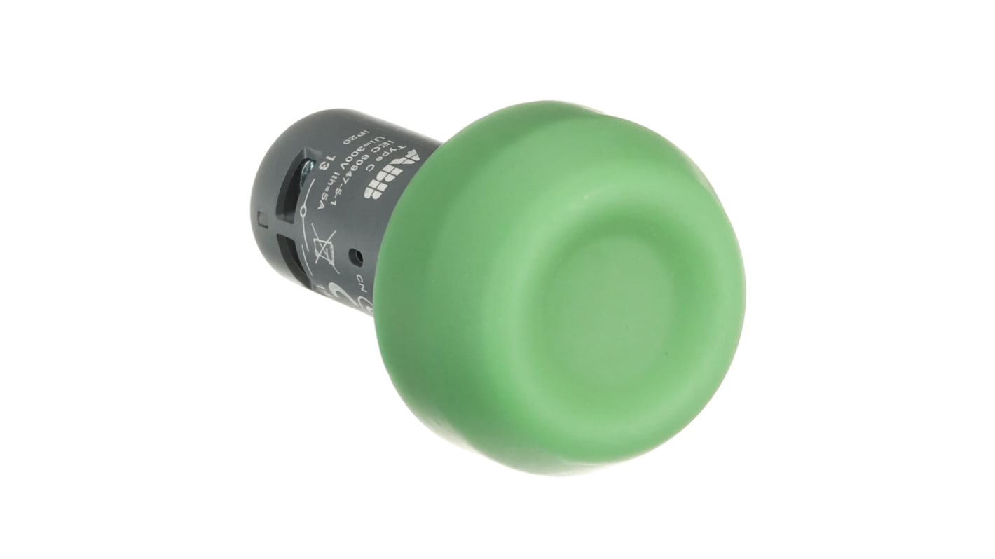 Pulsante ABB rotondo verde da 22 mm per montaggio a pannello, tensione massima 240V, resistente per ambienti industriali.