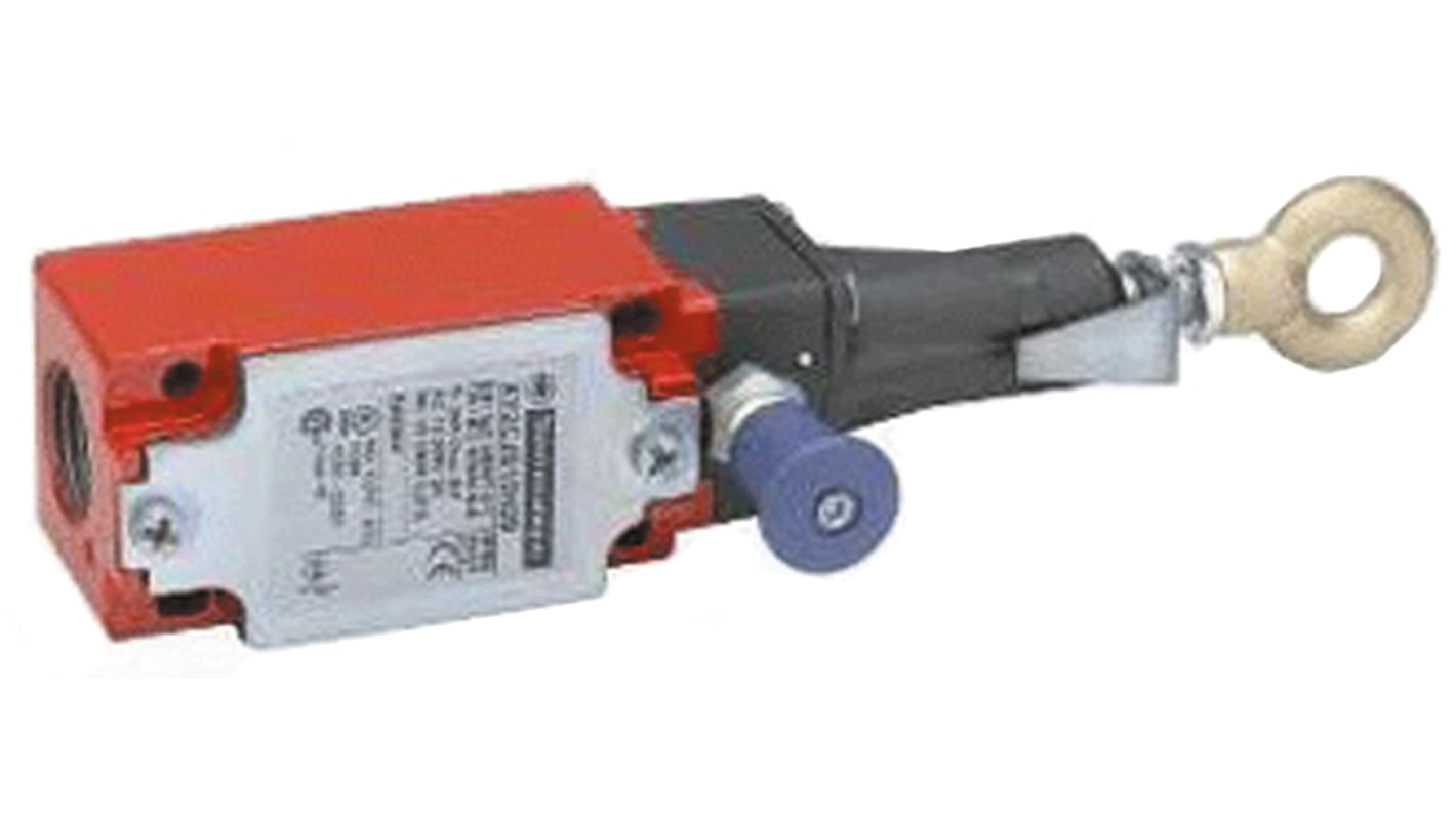Interruttore a fune Telemecanique Sensors XY2CJ, montaggio destro/sinistro, cavo 20 m, protezione IP66/IP67, dimensioni 200.9 x 64.2 x 40 mm.