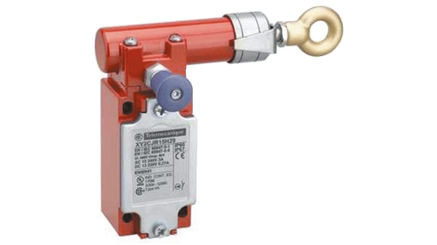 Interruttore a fune Telemecanique Sensors XY2CJR15H29, montaggio a destra, protezione IP66/IP67, cavo 30m, dimensioni 158 x 64.2 x 109mm.