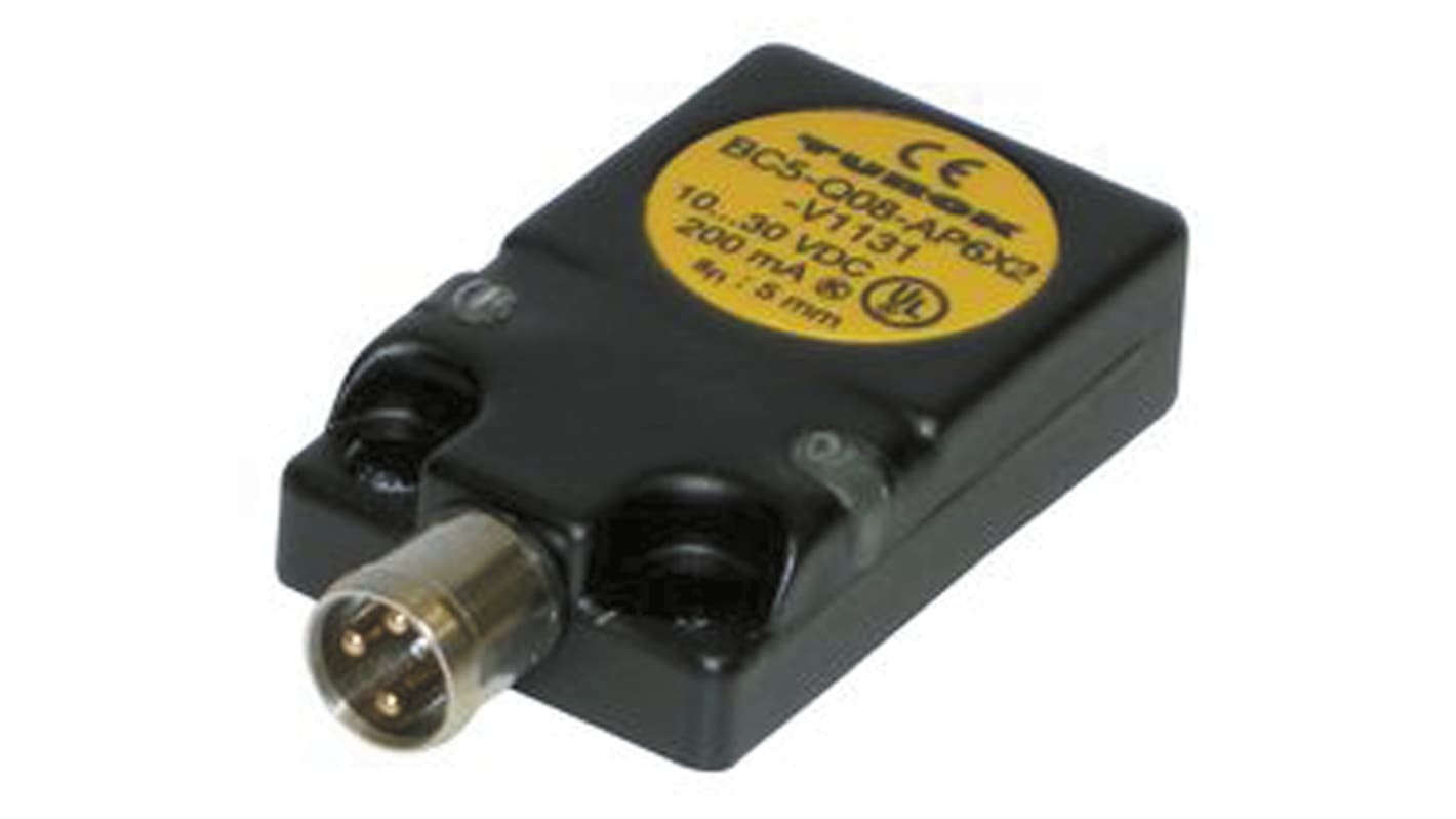 Sensore di prossimità NPN Turck BC5-Q08-AN6X2-V1131/S250, tecnologia capacitiva, dimensioni 32x20x8 mm, grado di protezione IP67.