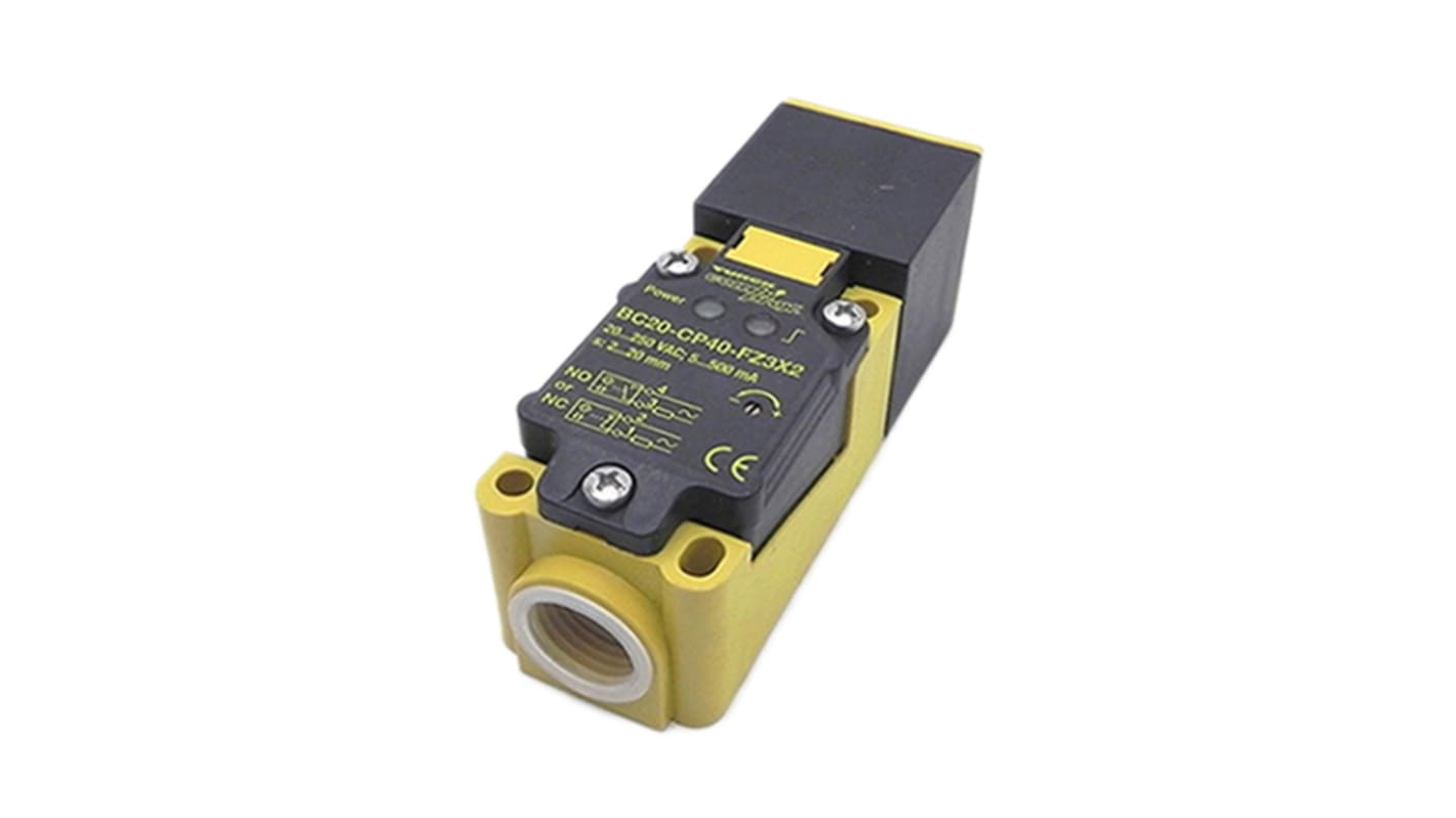 Sensore di prossimità capacitivo Turck BC20-CP40-FZ3X2, corpo rettangolare, alimentazione 20-250 V, rilevamento 20 mm, IP67.