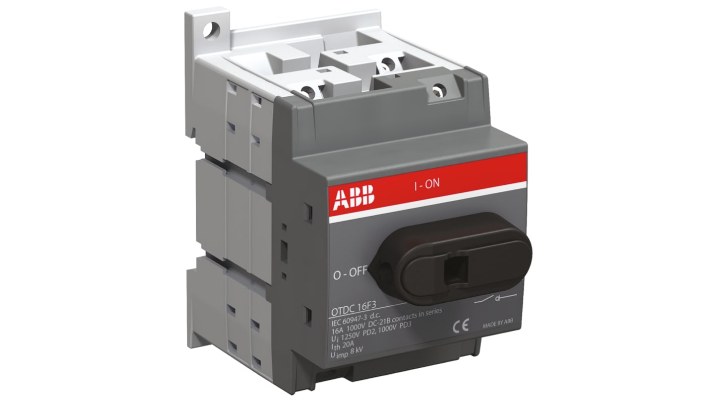 Interruttore di isolamento ABB OTDC25F3, 3 poli, 25A, IP20, per sistemi fotovoltaici, dimensioni 52.5mm x 89mm x 77.6mm.