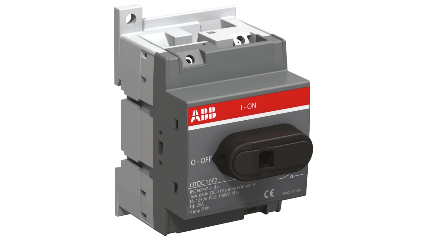 Interruttore di isolamento ABB OTDC32F2, 2 poli, 32A, 660V cc, design compatto, facile installazione, dimensioni 52.5mm x 89mm x 66.2mm.