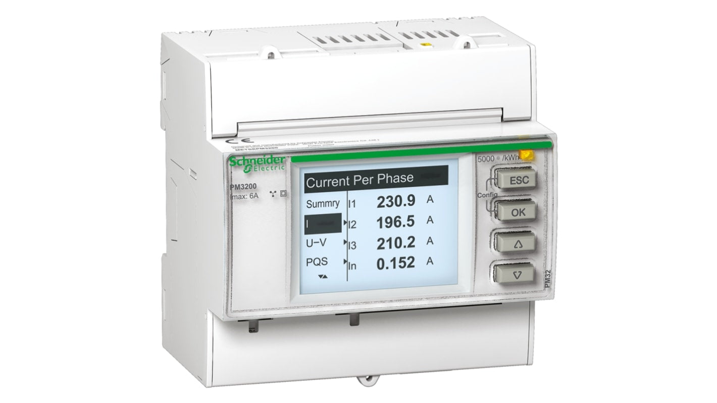Misuratore di potenza Schneider Electric PM3200 con display LCD per reti 1-3 fasi. Precisione 0,3%, temperatura minima -25°C. Ideale per monitoraggio elettrico avanzato.