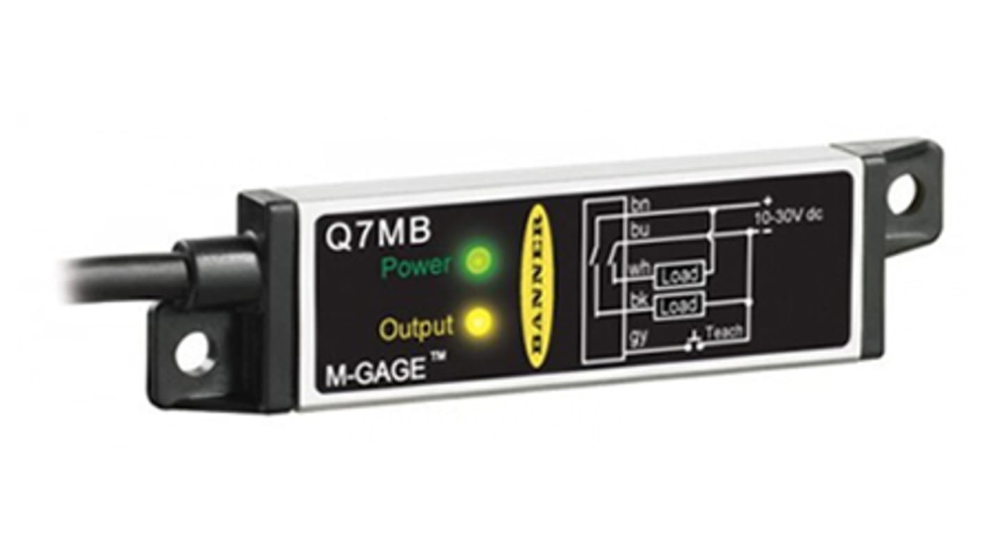 Sensore fotoelettrico rettangolare Banner Q7MB W/50, uscita NPN/PNP, IP69K, custodia in alluminio, installazione semplice.