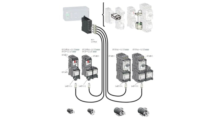 Modulo di collegamento LAD5C32 di Schneider Electric per GV3P, LC1D, LC2D, con isolatore di linea e operatore esterno.